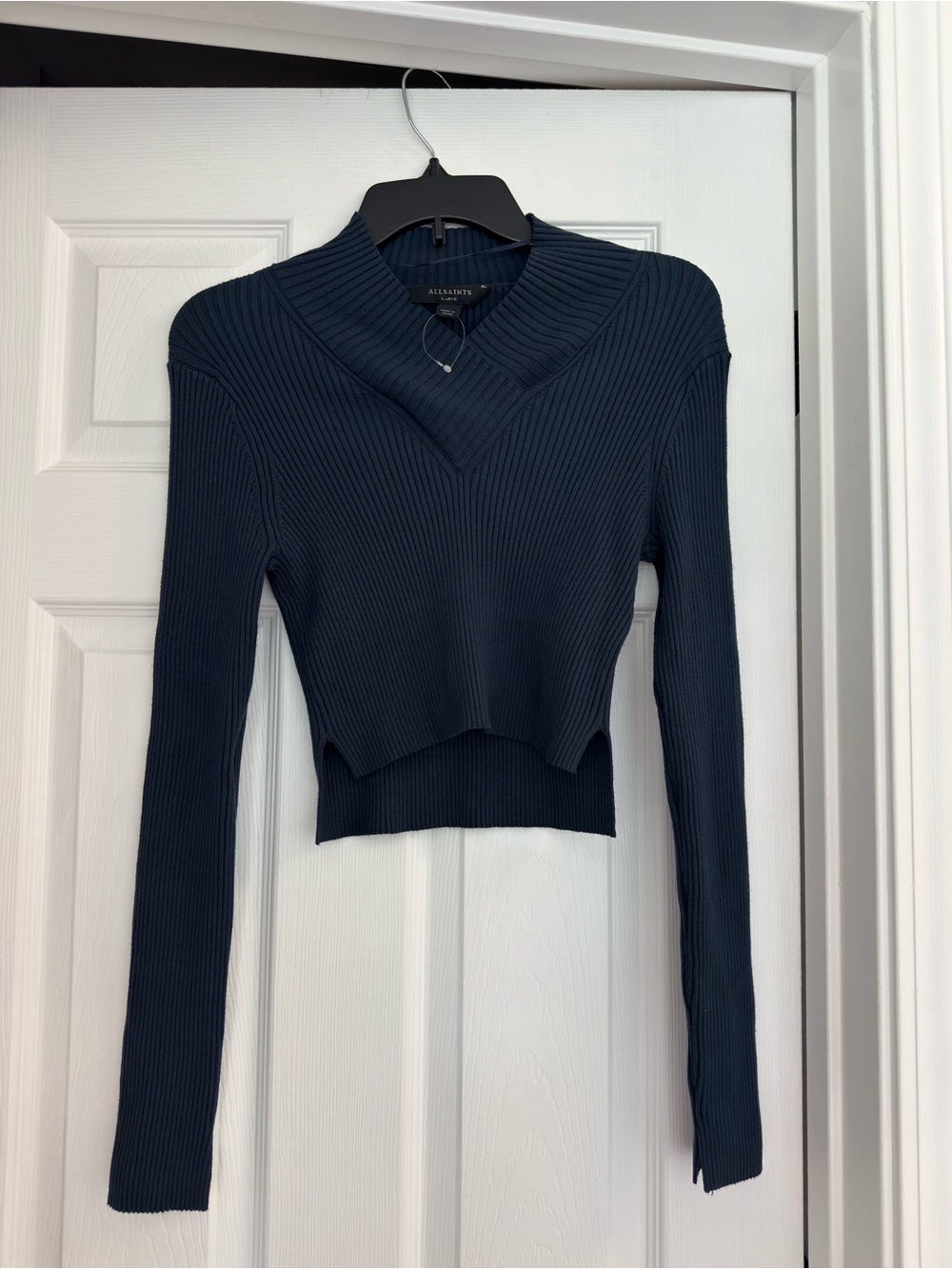 All Saints Navy Ribbed V-Neck Cropped Sweater